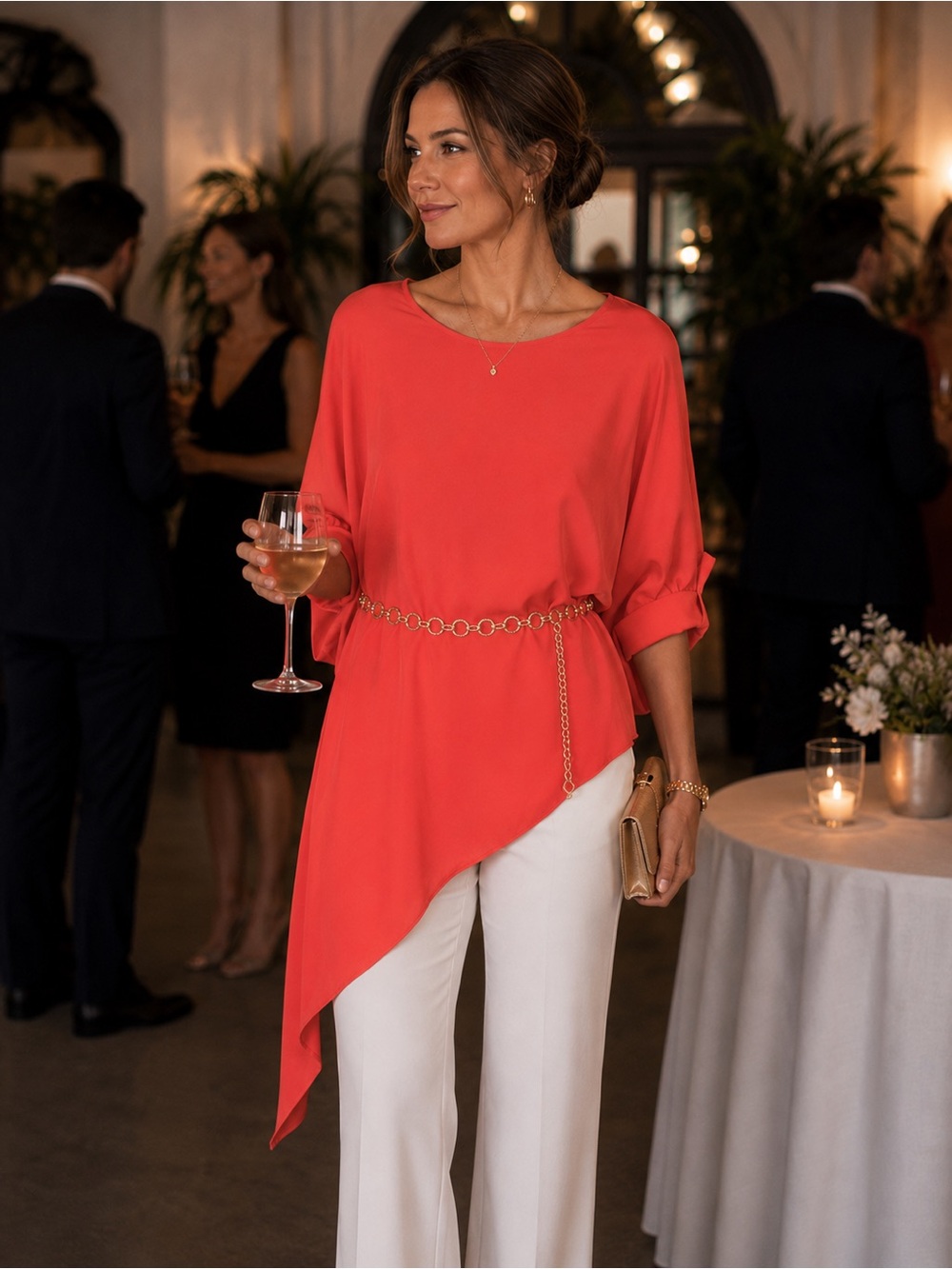 Favori European Women’s Coral Asymmetrical Tunic Dolman Sleeve Dress Top
